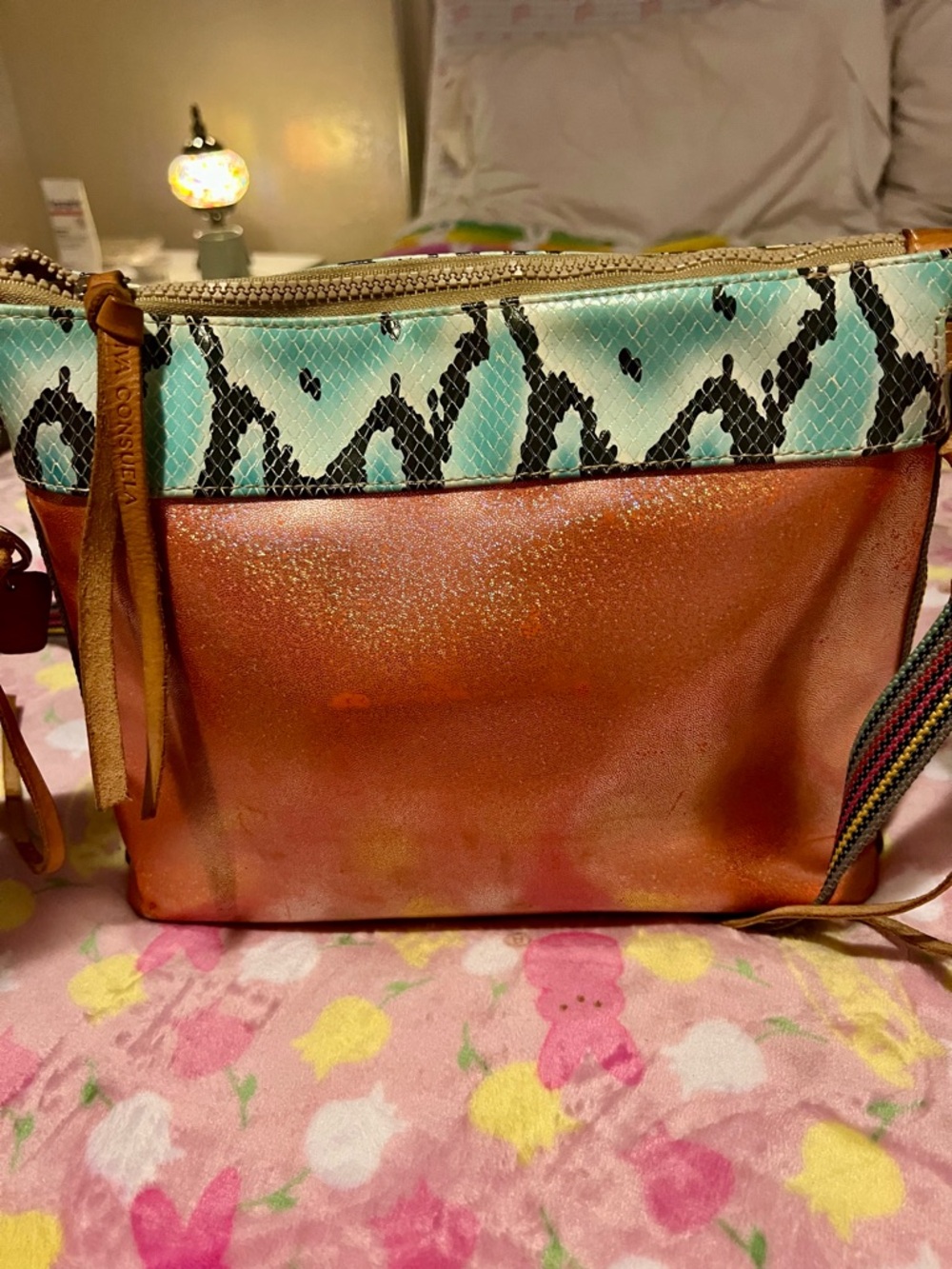 Consuela Shimmering Copper Crossbody with Aqua Snake Trim